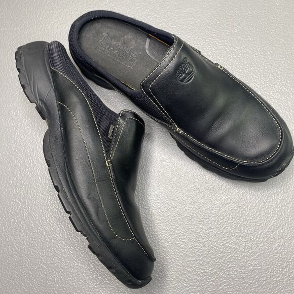 Timberland Smart Comfort Mules Slides Leather Slip On Stretch Womens Sz 8 Black - Picture 1 of 9